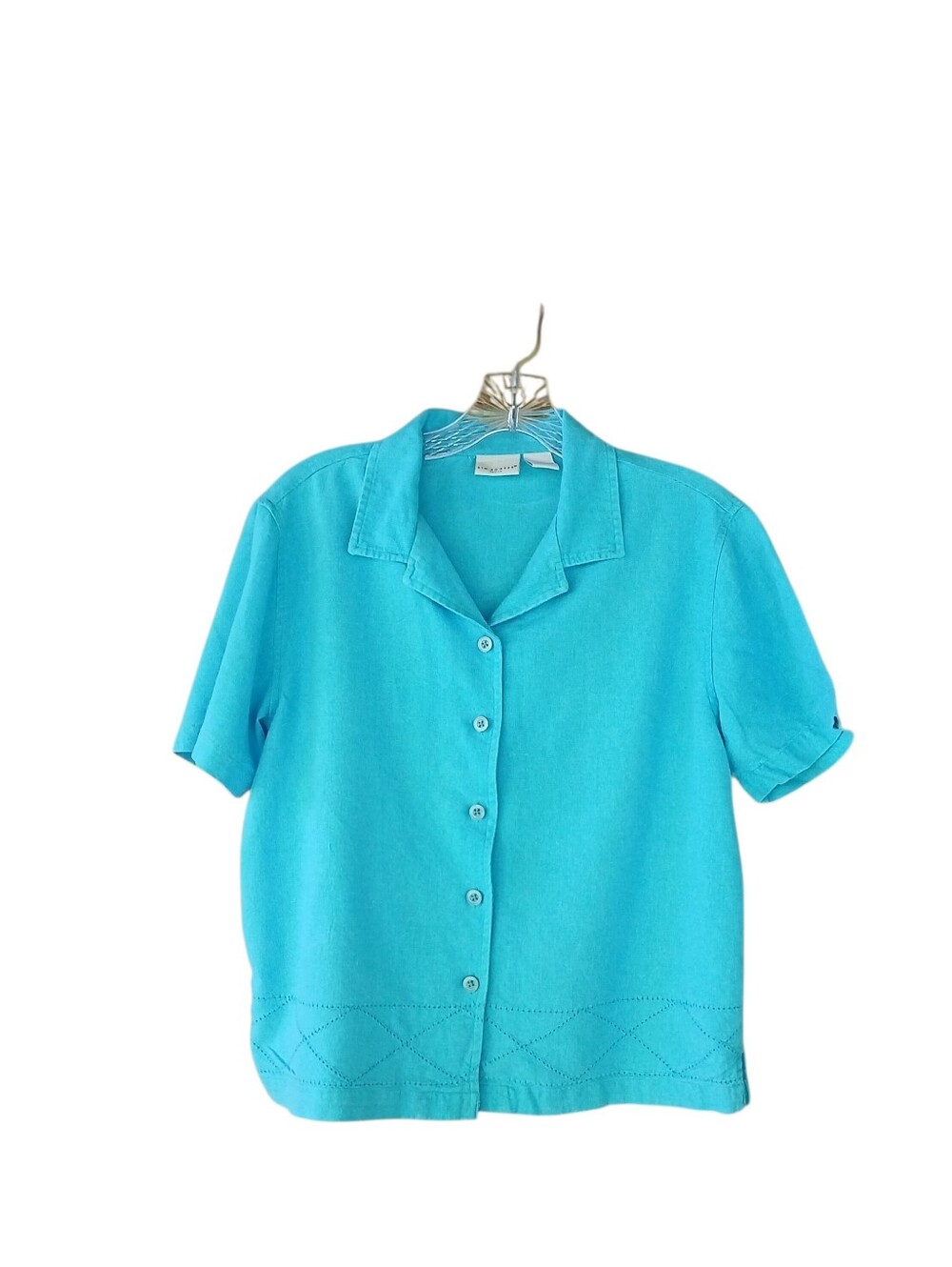 Kim Rogers Turqupise Short Sleeved Linen Rayon Button Down Shirt Size MP